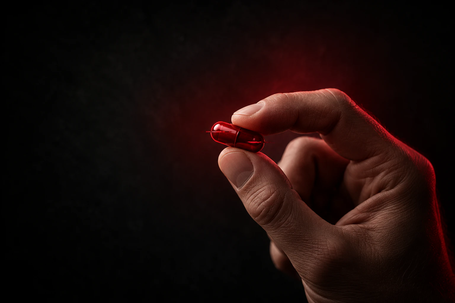 A hand holding a single red capsule between thumb and index finger