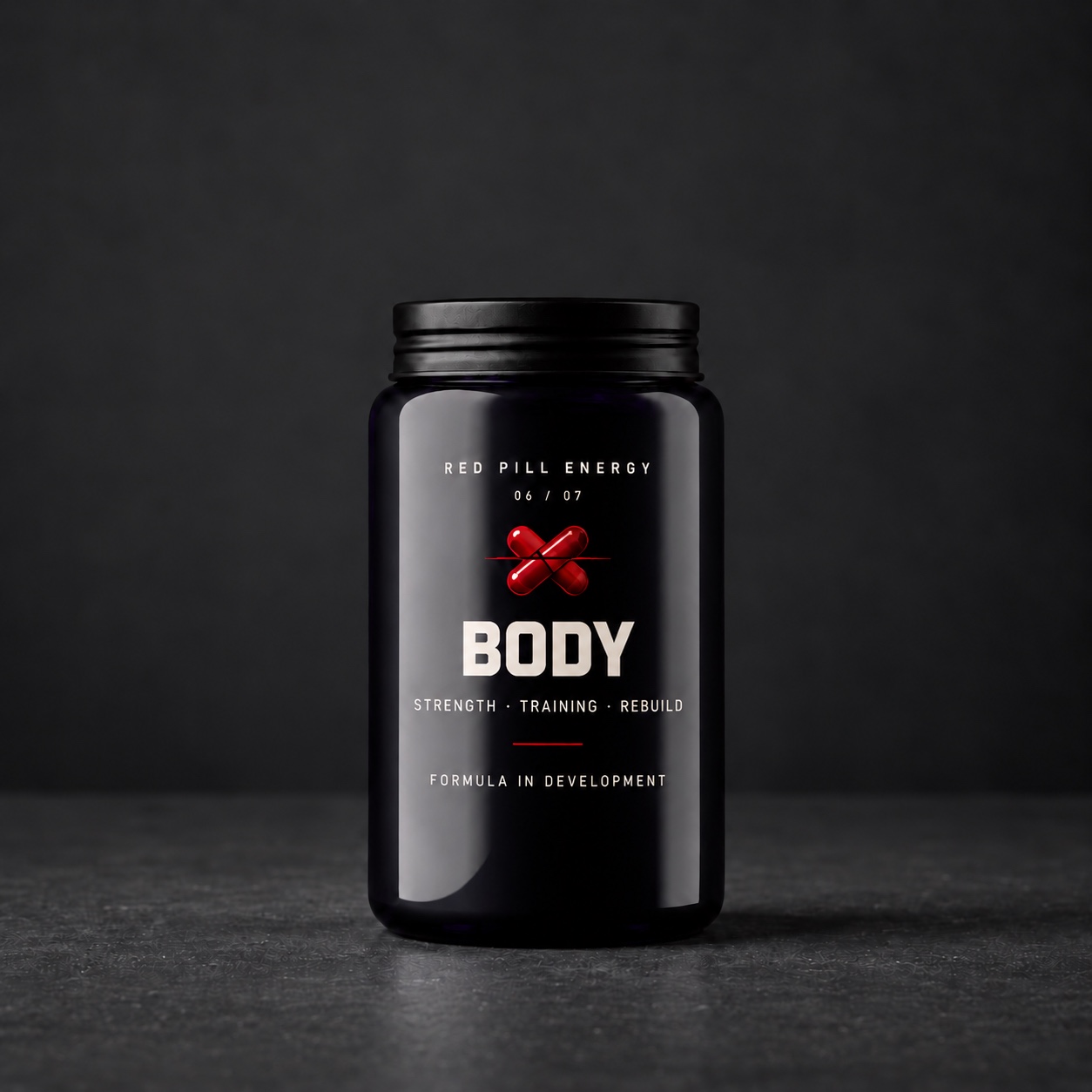 Red Pill Body supplement jar in violet glass