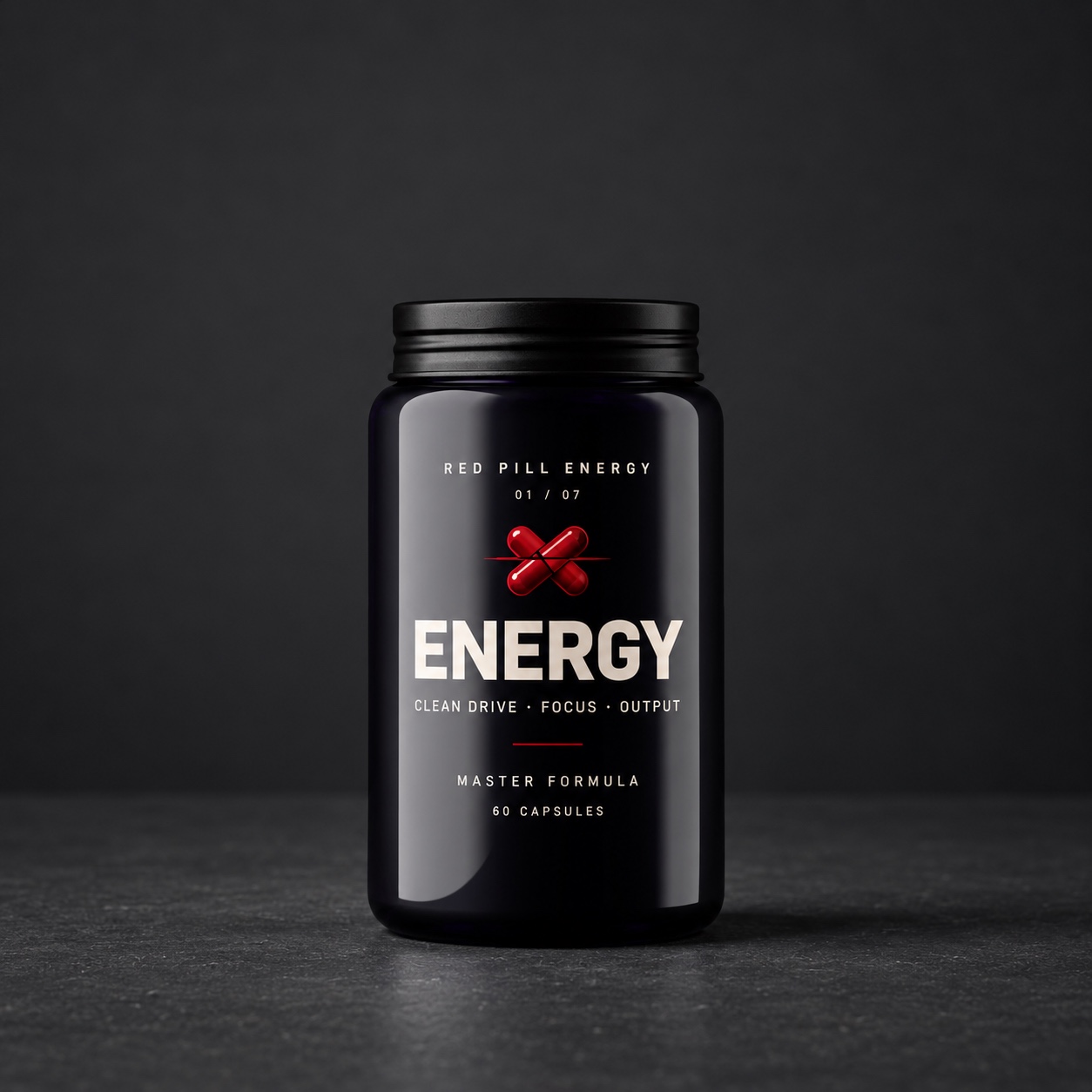 Red Pill Energy supplement jar in violet glass