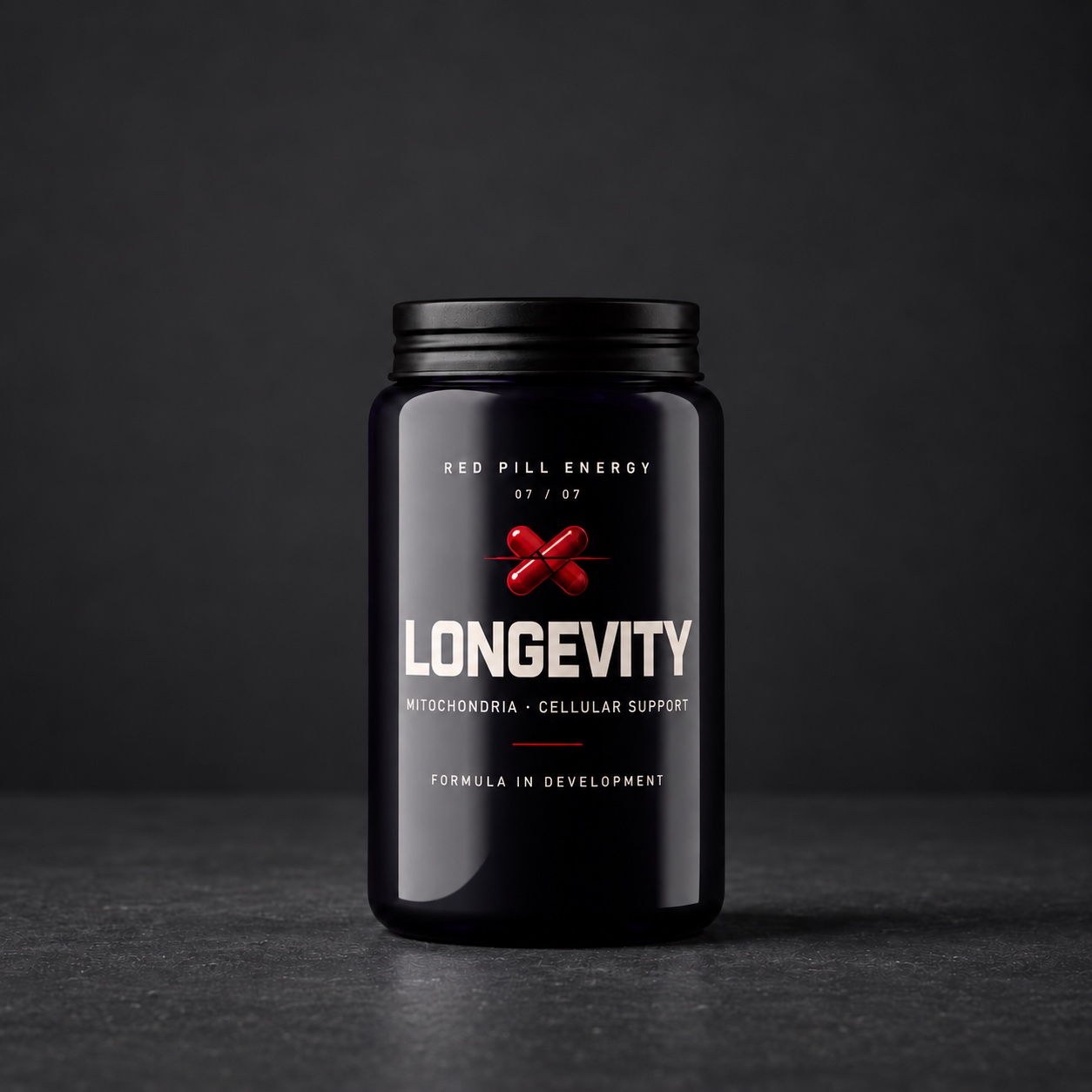 Red Pill Longevity supplement jar in violet glass