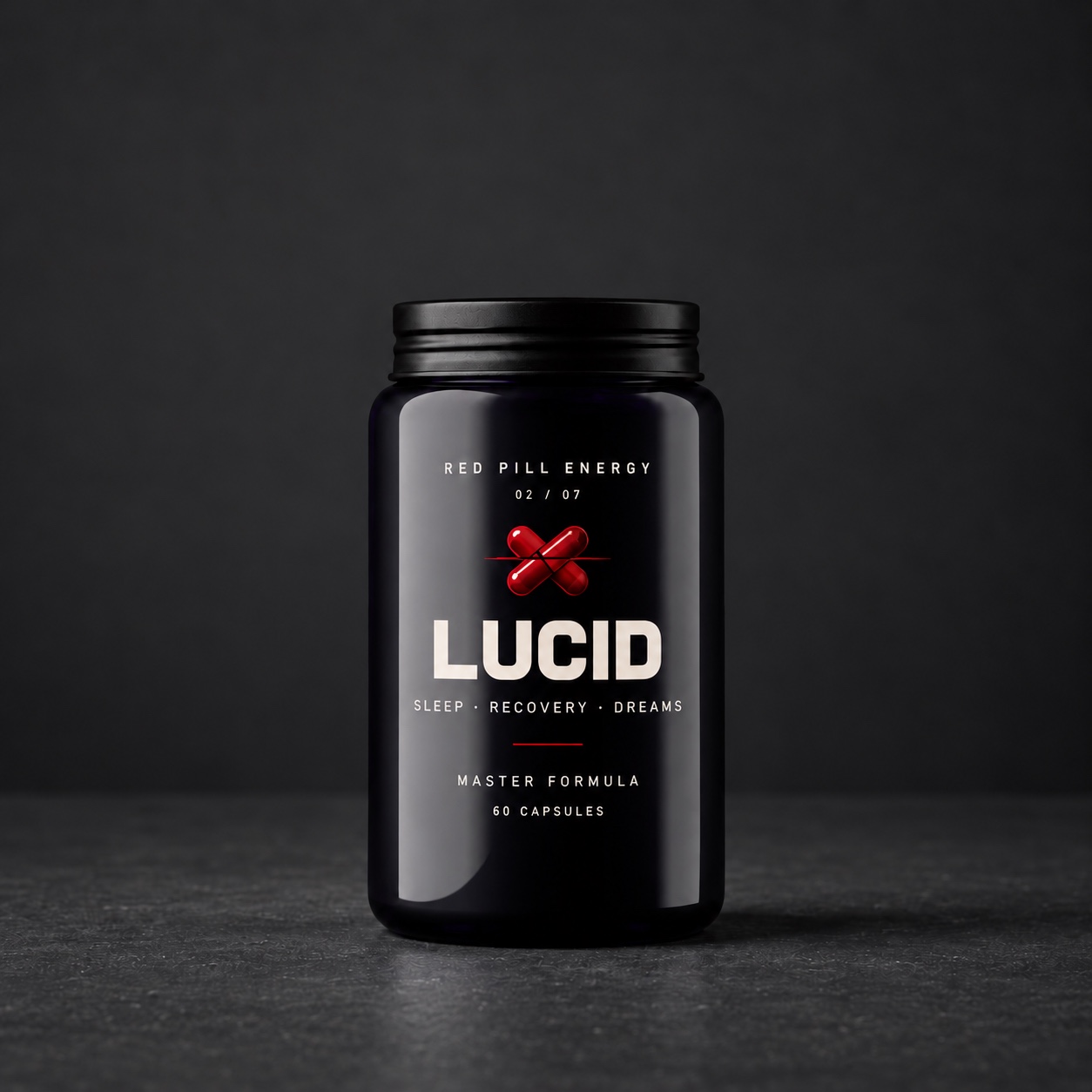 Red Pill Lucid supplement jar in violet glass