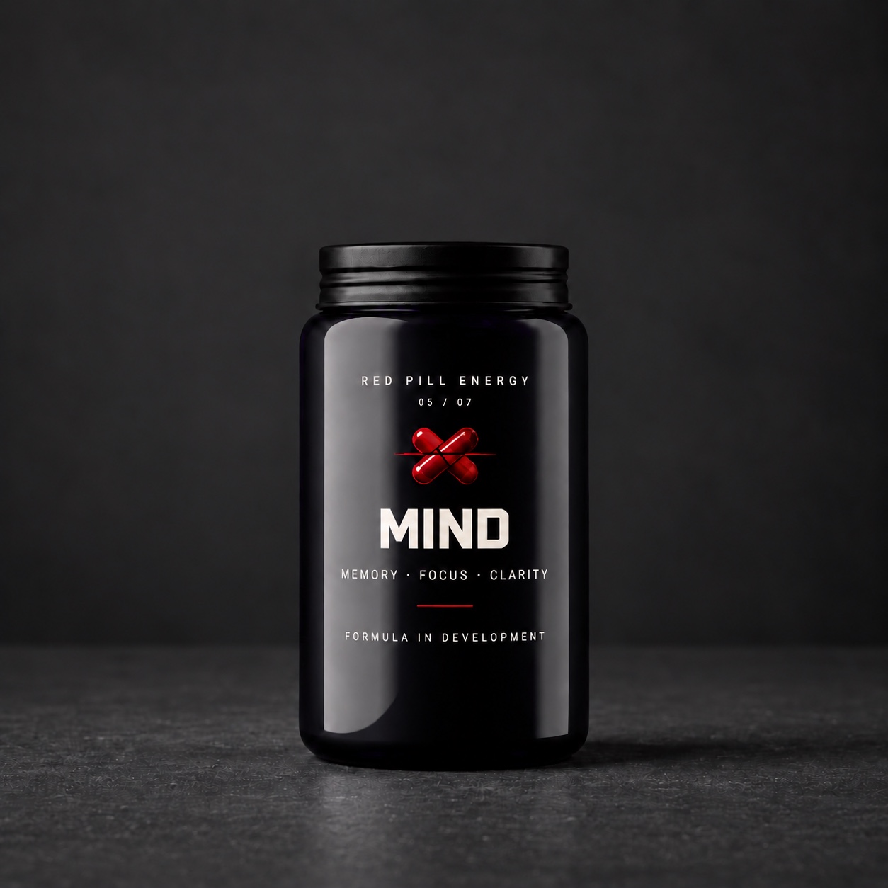 Red Pill Mind supplement jar in violet glass