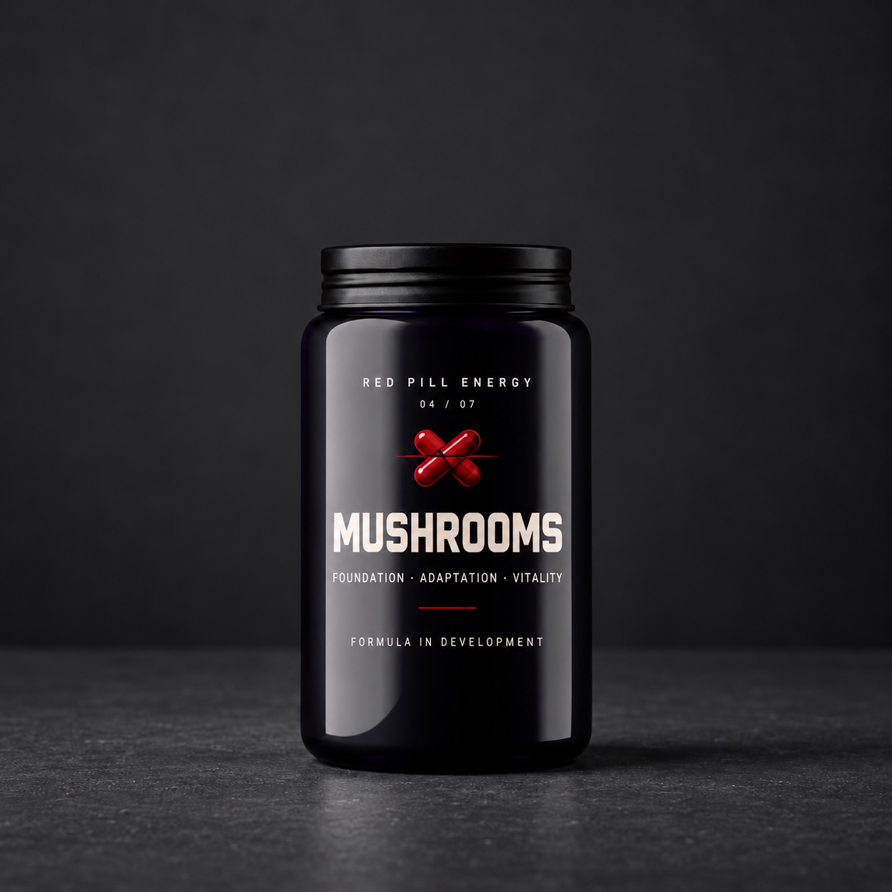 Red Pill Mushrooms supplement jar in violet glass