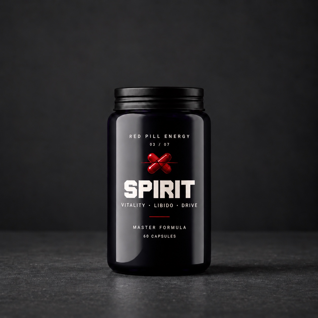 Red Pill Spirit supplement jar in violet glass